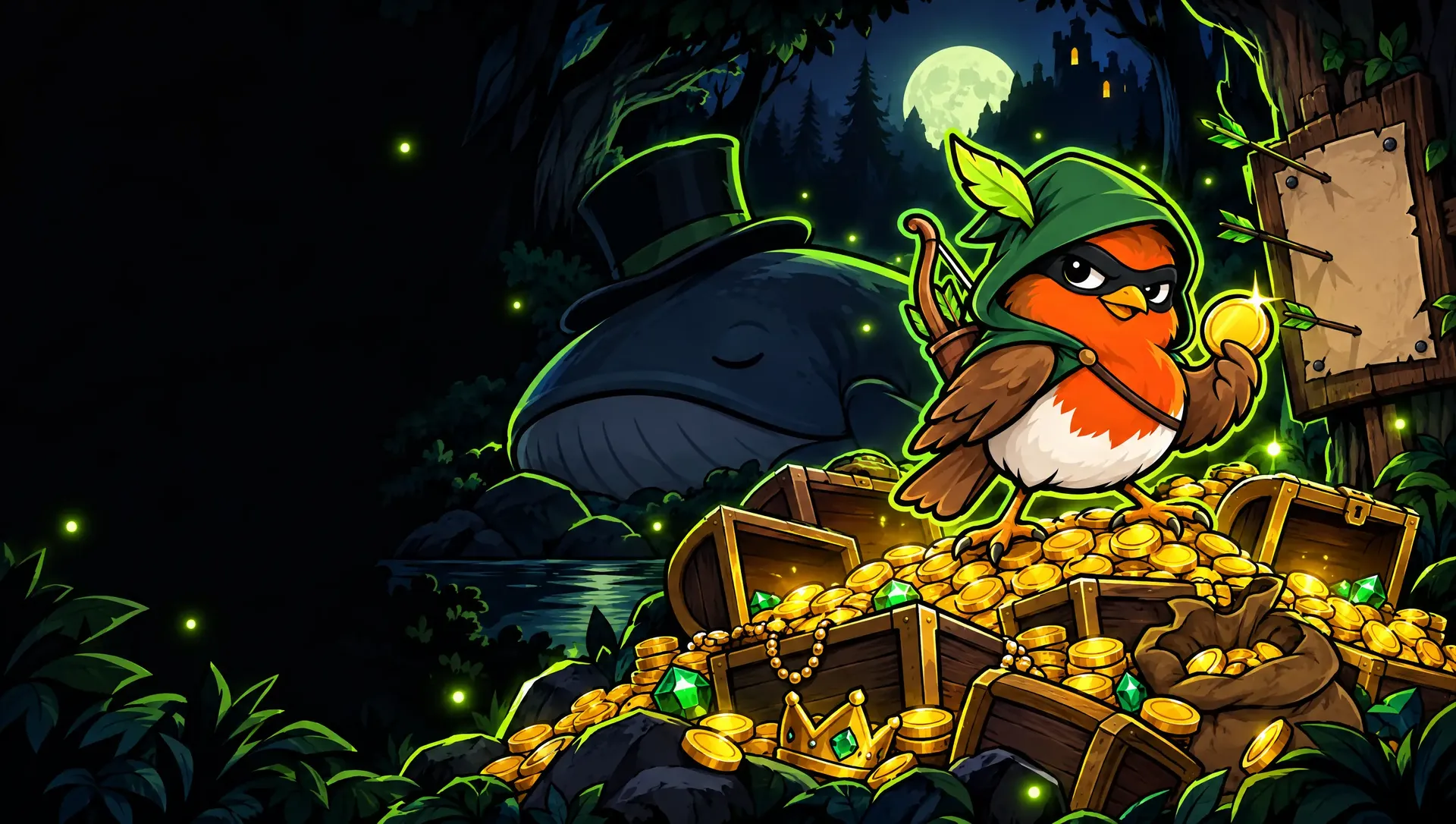 A robin in a green hood on a pile of gold